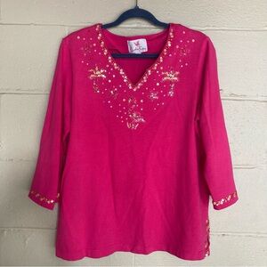 QUACKER FACTORY 3/4 Sleeve Beaded Top Pink Flamingos Palms & Stars Sequins L